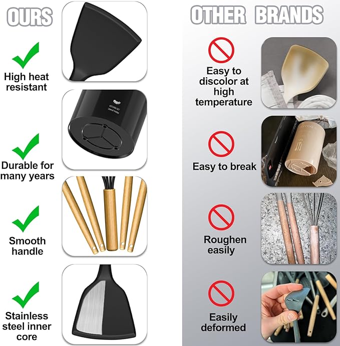 Kitchen Utensils Set- 34PCS Silicone Cooking Utensil with Holder, Umite Chef Heat Resistant Kitchen Spatula Set for Nonstick Cookware, Black Wooden Handles Kitchen Gadgets Tools Set