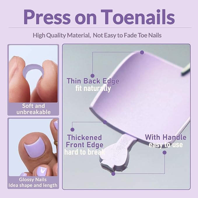 AddFavor 160pcs Purple Press on Toenails for Women, Full Cover Fake Toe Nail Tips with Adhesive Tabs, Artificial Pedicure Toe Nail Press ons, Purple False Toenail Press ons