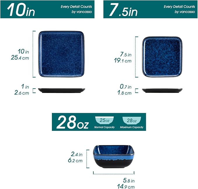 vancasso Stern Square Stoneware Dinnerware Set for 4, 12-Piece Dish Set | Blue Reactive Glaze Plates and Bowls Set, Chip and Scratch Resistant, Microwave & Dishwasher Safe
