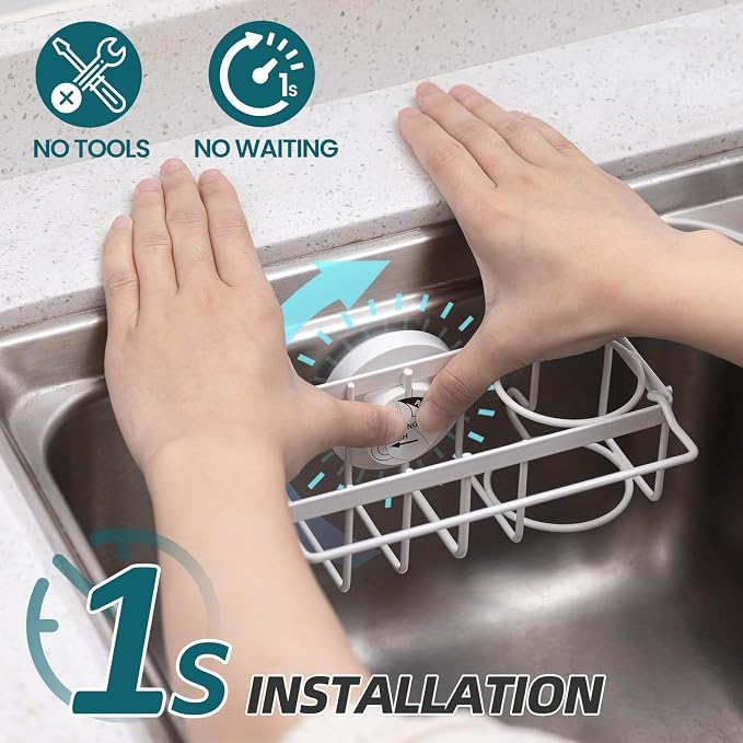 TAILI 4-in-1 Sink Caddy for Kitchen Sink with Strong Suction Cup-White | Removable Sponge Holder for Kitchen Sink Organizer, Rustproof 304 Stainless Steel Holder for Sponge, Brush, Scrubber, Scraper