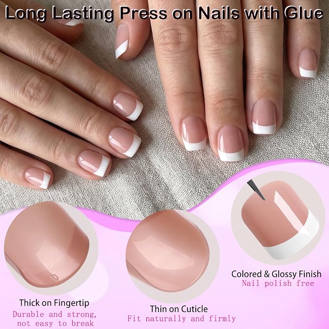 240pc White French Tip Press on Nails Short Square Acrylic Nail, Coffee Press ons Fake Nails with Glue & Tabs, 12 Sizes Glue on Nail Short Press-on Nail Square Artificial Stick on Nails for Women
