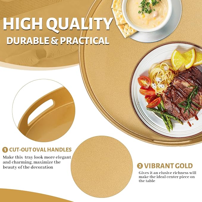 13" Gold Decorative Tray, Plastic Round Serving Tray with Handles | Decorative Tray for Coffee Table, Modern Ottoman Tray, Circle Tea Tray, Round Melamine Tray for Living Room, Bathroom
