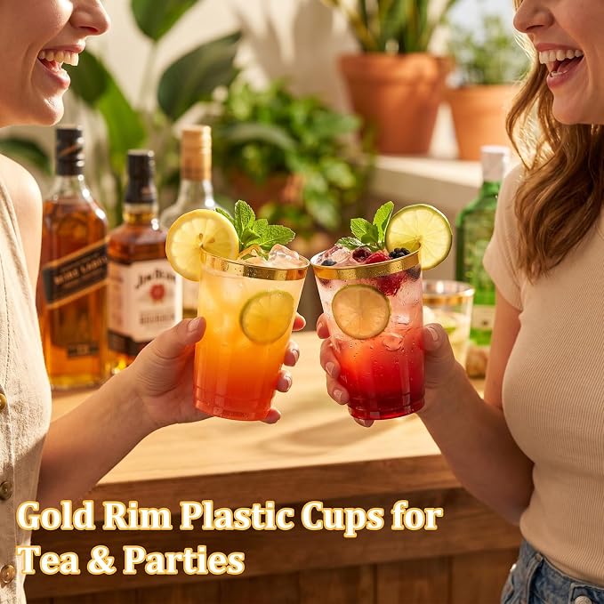 DaYammi 200 Pack Gold Plastic Cups 10 Oz Clear Cup Gold Rimmed Disposable Wine Glasses Fancy Disposable Party Cups Tumblers Drinking Cup Plastic Cocktail Glasses gold disposable cups for Party Wedding
