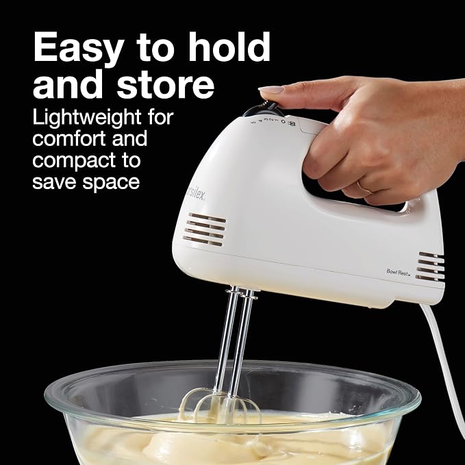 Proctor Silex Easy Mix 5-Speed Electric Hand Mixer with Bowl Rest | Compact and Lightweight | 100 Watts of Peak Power | White | 62515PS