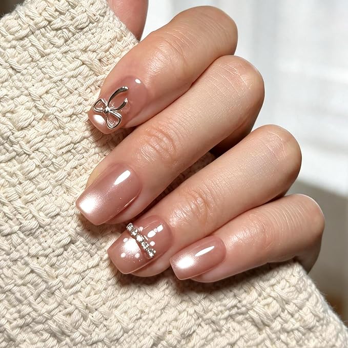 6 Packs (144 Pcs) | Reusable Press on Nails | cute nails | 6-Style Bundle | 12 Sizes | Each Style 24 Pcs | Blush Pink Bow Cat Eye