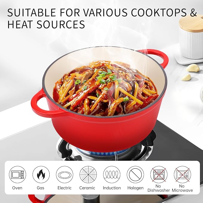 6 Quart Enameled Cast Iron Dutch Oven Pot with Lid Red | Silicone Accessories, Oven Safe up to 500°F, Non-stick Dutch Oven for Bread Baking, Cooking, Dual Handles Cookware