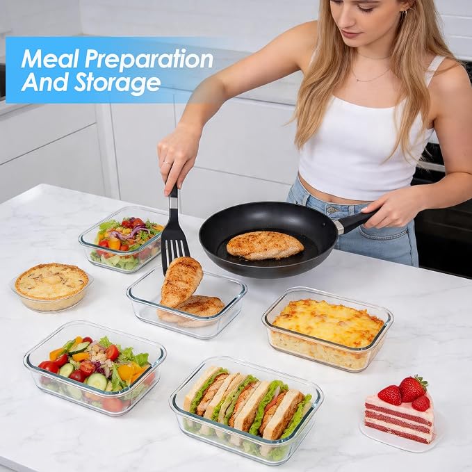 5-Pack 36oz Glass Food Storage Containers with Lids, Grey | Glass Meal Prep Food Container Sets, Airtight, Reusable, Leak-Proof, Microwave Oven Freezer Dishwasher Safe