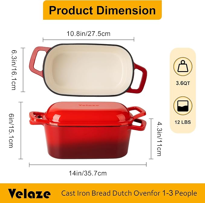 Velaze 3.6 QT Oval Cast Iron Dutch Oven for Bread Baking, Offset Handles | Bread Pan with Lid for Sourdough Sandwich,Small Households Baking,Gift for Bread Bakers,Deep Base,Oven Safe,Red