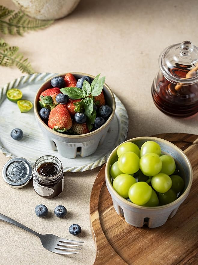 Gomakren Ceramic Berry Basket Set of 2, Small Fruit Bowl Colanders, Gray | Drain Holes Keep Berries Fresh, Stackable, Wash & Serve, Round Strawberry Basket for Fridge Kitchen Counter, Lovely Home Gift