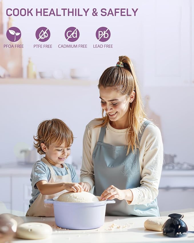 Enameled Cast Iron Dutch Oven – 6 Quart Pot with Lid & Potholders – Heavy-Duty Cookware for Bread Baking, Braising, Stews & Roasting – Oven & Stovetop Safe up to 500°F – Purple