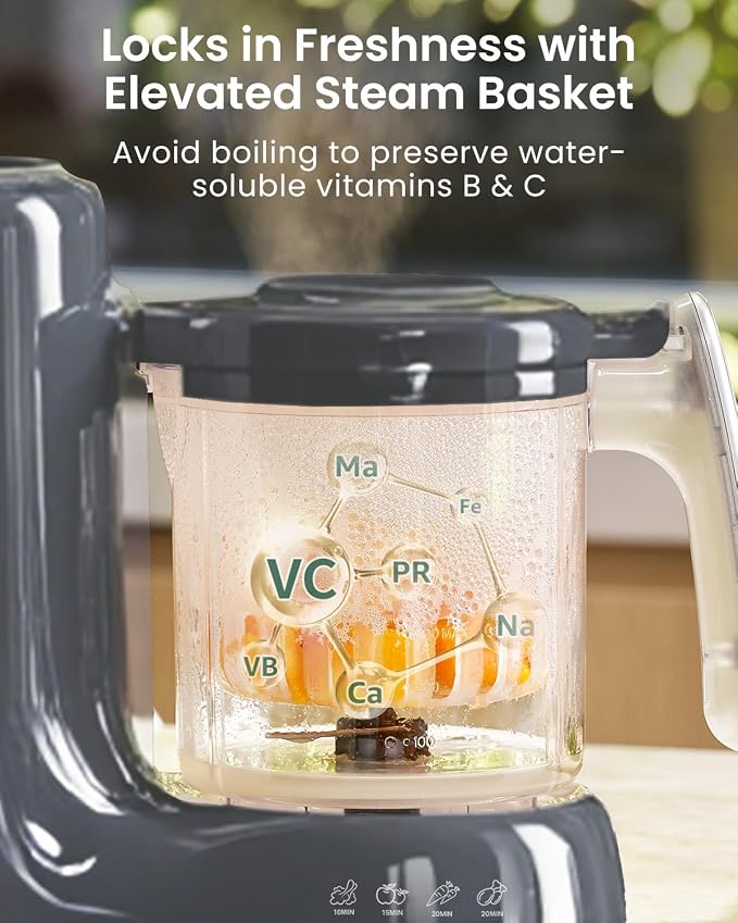 Grownsy Baby Food Maker, Steamer & Blender Baby Food Processor, Dark Grey | BPA-Free Elevated Steam Basket, Healthy Homemade Baby Food Purees, Starting Solids & BLW, Baby Feeding Essentials, 6+ Months