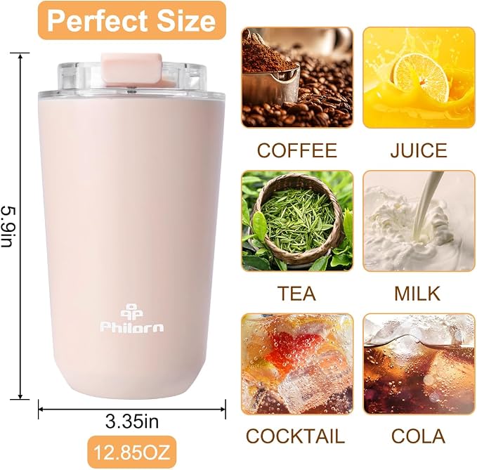 PHILORN Pink Coffee Tumbler - 12 OZ Insulated Coffee Mug With Lid | Leak Proof Thermo Cup for Hot and Iced Drinks, Stainless Steel Vacuum Pink Cup with Double Wall
