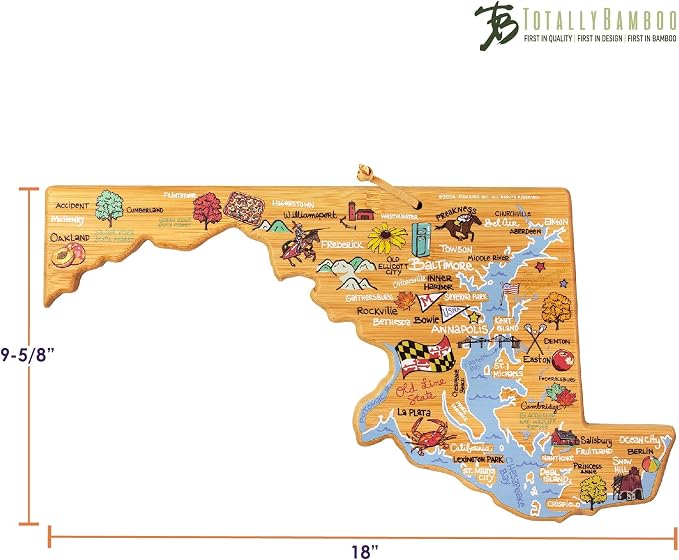 Totally Bamboo Maryland State Shaped Cutting Board, Art by Fish Kiss | State charcuterie board with colorful hand-drawn map artwork. Smooth reverse side for food prep. Hang tie for wall display.