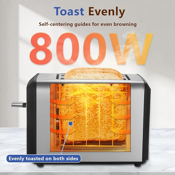 SAKAMOSH 2 Slice Touchscreen Toaster with Wide Slots for Bagels | 6 Browning Levels & 6 Bread Types, Wide Slots for Bagel, Memory Function, Defrost & Reheat & Cancel & Timer, Stainless Steel