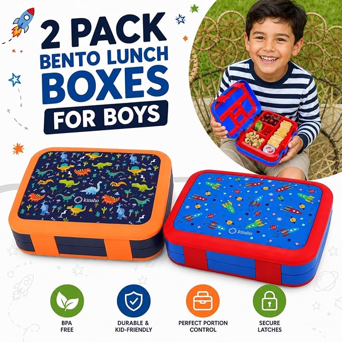 kinsho Bento Lunch Box Container for Kids Boys, 2 Pack (Dinosaur + Rocket) | 5 Portion Sections, BPA-Free Spill-Proof Leakproof Removable Plastic Tray, Snacks and Lunches for Toddlers Pre-School Daycare