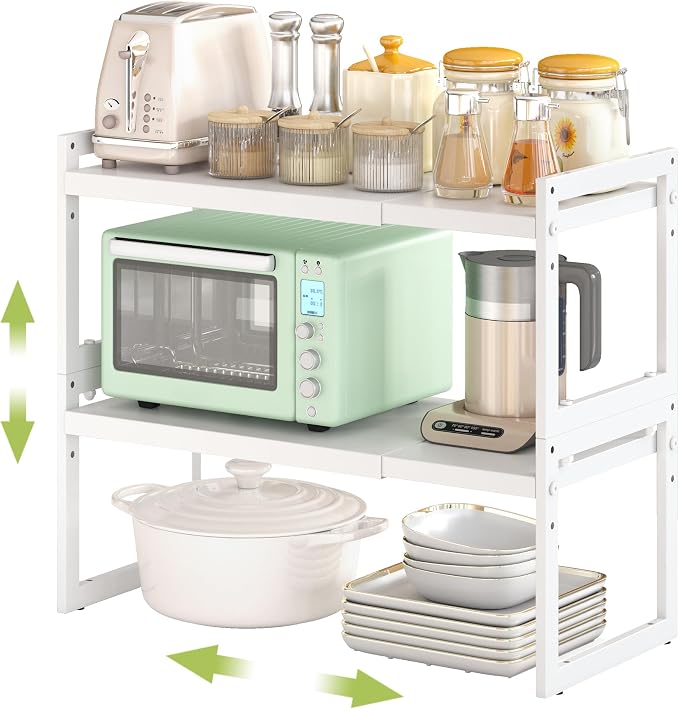 Expandable Cabinet Shelf Organizer, Stackable Kitchen Counter Shelf, White | Space Saving Metal Pantry Storage Racks for Kitchen Spice Rack Pans and Untensils Bathroom Office Organization, 2-Tier