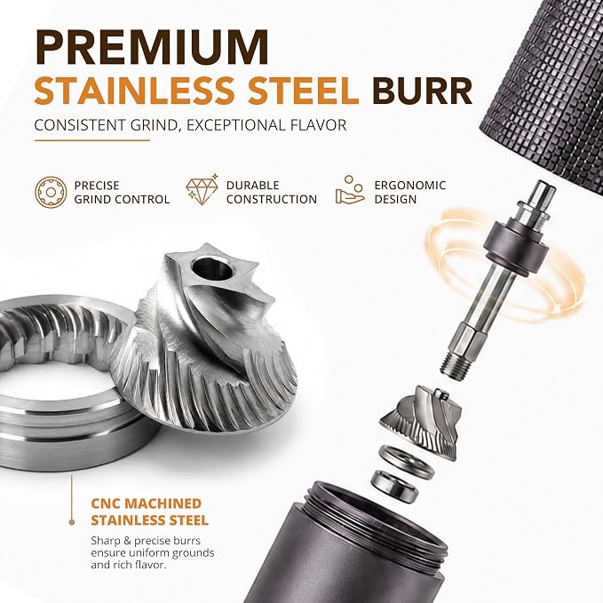 Portable Manual Coffee Grinder, Adjustable Stainless Steel Burr | Portable Aluminum Coffee Grinder with 28-Click Settings for Espresso, Pour Over and French Press