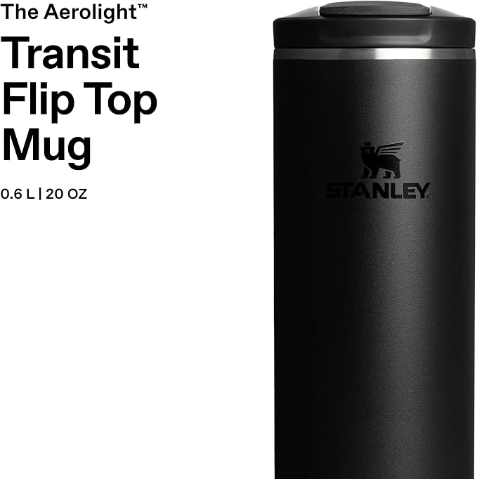 STANLEY 1913 Transit Flip Top Mug 0.6L - Black | Keeps 6 Hours Hot - 12 Hours Cold - Leakproof - Dishwasher Safe - Car Cup Holder Compatible