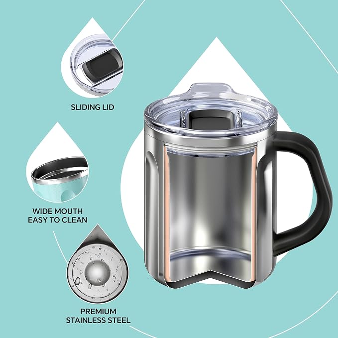 Ideus 16 oz Insulated Coffee Mug with Handle and Lid, Double Wall Stainless Steel Vacuum Thermal Coffee Mug, Travel Coffee Cup Thermal Cup for Home and Office, Sky Blue-FUJI FLOW