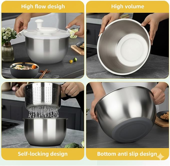 6L-Stainless Steel Salad Rotator, Non-Slip Base, Vegetable Dishwasher, Multi-Use Lettuce Spinner, Kitchen Strainers.