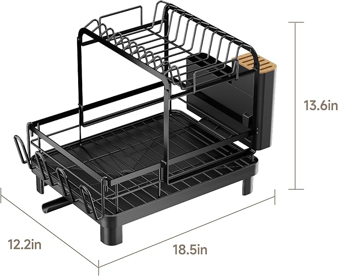 Runnatal 2-Tier Dish Drying Rack, Large Dish Drainers for Kitchen Counter | Anti-Rust Dish Rack with Drainboard, Utensil Holder, Extra Cup Holder, Black