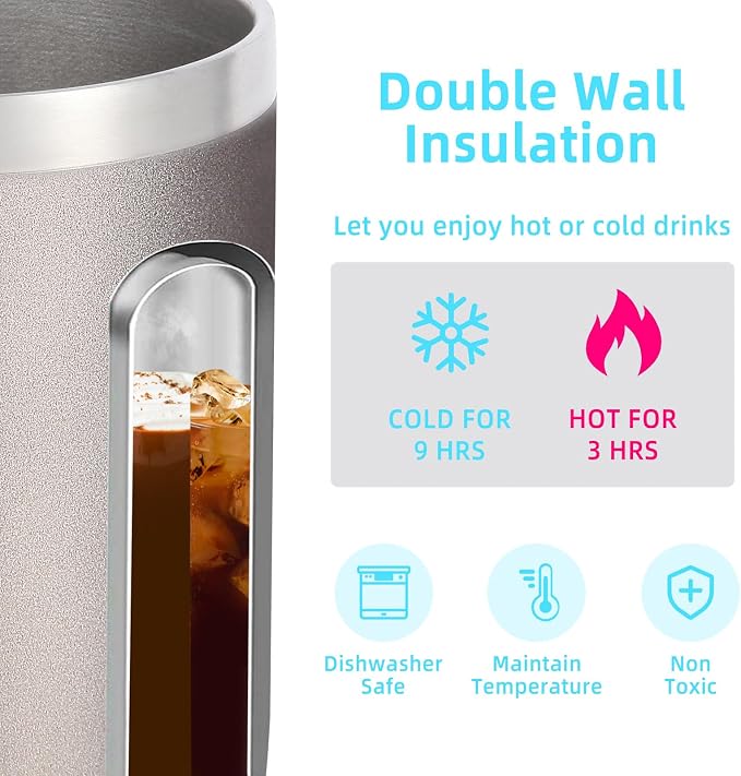 Volhoply 14oz Insulated Stainless Steel Coffee Mug with Lid Bulk 2 Pack,Double Wall Vacuum Travel Coffee Cup with Handle,Reusable Metal Cups Tumbler,Camping Mugs Keep Hot,Ideal Gifts(Gray,2 Set)