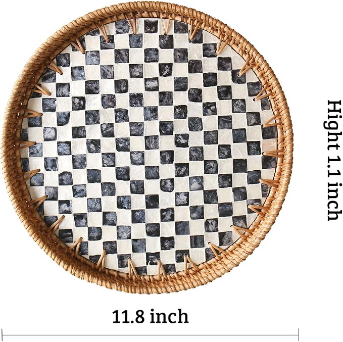 Round Rattan Tray with Mother of Pearl Inlay, Wooden Base | Coffee Table Serving Tray, Home Decorative Wicker Woven, for Outoor Patio Decor