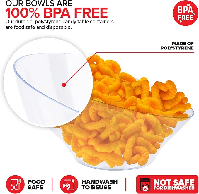 20oz Clear Plastic Serving Bowls (4 Pack) Medium Disposable Candy Dishes, Buffet Containers, Chips, Popcorn, Snacks, Mints, Salad Bar, Snack Bowl, Parties, Office Desk, Bridal Shower, Party Supplies