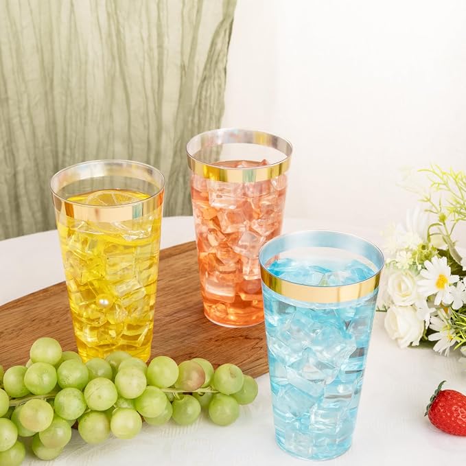 I00000 16 oz Gold Plastic Cups, 100 Pack Clear Plastic Cups Tumblers Gold Rimmed Cup, Heavy-duty Disposable Cup Perfect for Wedding & Party