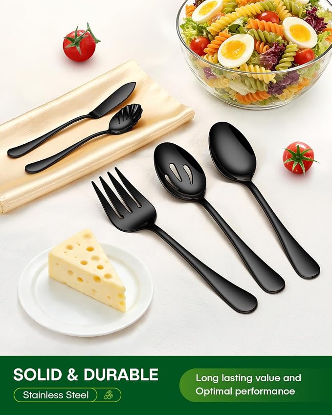PHILIPALA 45 Piece Black Silverware Set with Serving Utensils, Stainless Steel Flatware Set for 8 Food Grade Cutlery Utensil Set Include Knife Fork Spoon Mirror Polished Dishwasher Safe
