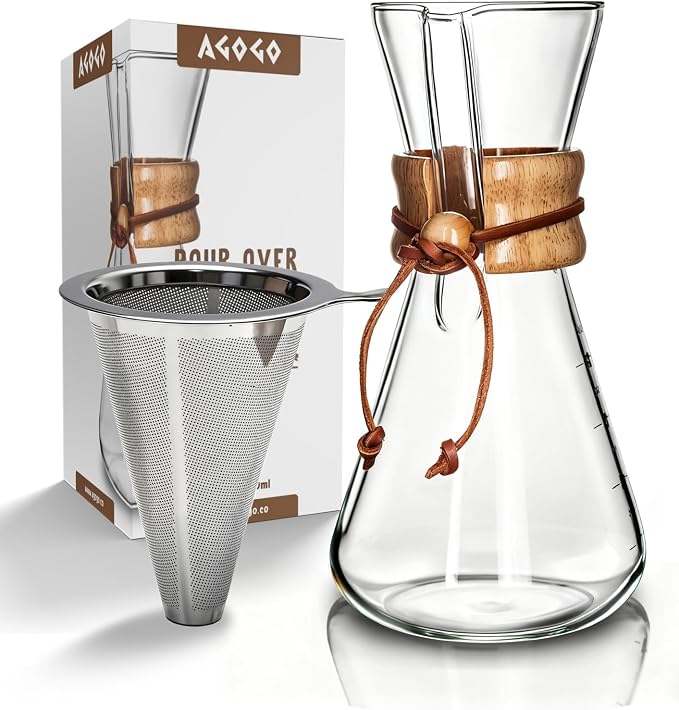 AGOGO Pour Over Coffee Maker Set, 20oz Slim Style, 304 Stainless Filter | Barista kit for home kitchen, Cafe, Camping & Office; 20oz-40oz Classic, Slim, Diamond styles; Includes brush & towel.