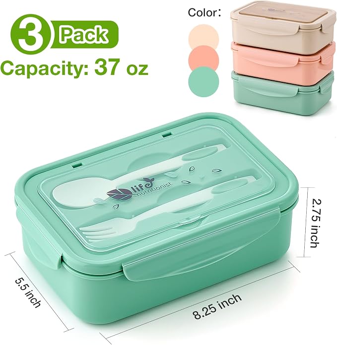 Mfacoy® 3 Pack Bento Boxes for Adults/Kids, 1100 ML Bento Lunch Box With Spoon & Fork, Lunch Box Containers, Bento Box for Dining Out, Work, Picnic, BPA-Free, Microwave & Dishwasher Safe