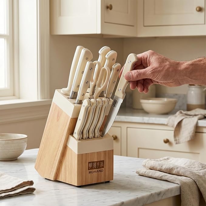 Knife Set with Block, Kitchen Knife Set with Block and Sharpener | High Carbon Stainless Steel 14 Pieces Kitchen Knives Sets, Anti-Slip Ergonomic Handle, Home Kitchen Cooking, Dishwasher Safe