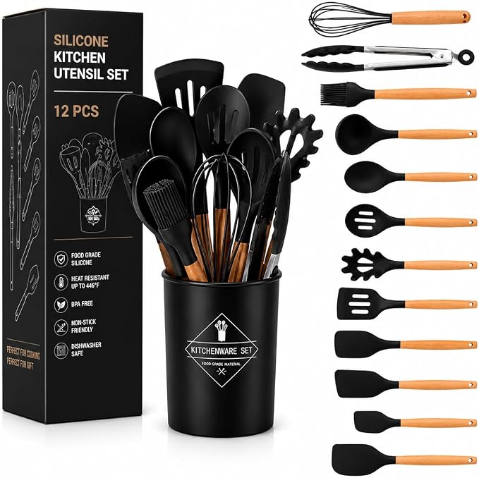 Caboh Silicone Kitchen Utensil Set 12 PCS – Heat Resistant Cooking Tools with Spatula, Serving Spoon, Tongs, Whisk & Holder, Nonstick Safe BPA-Free Kitchen Accessories Set (Black)