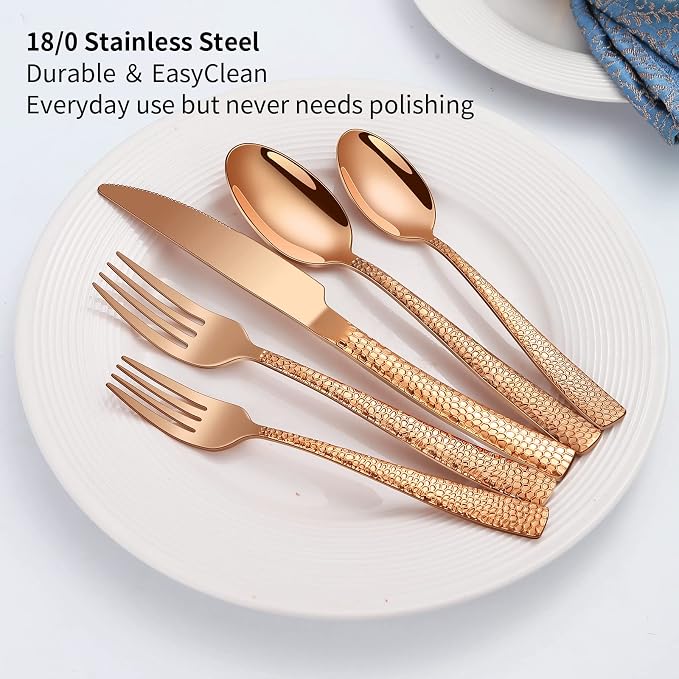 Remoxye 20-Piece Rose Gold Hammered Stainless Steel Flatware Set for 4, Including Fork, Knife, Spoon Set, Home Kitchen Cutlery Sets, Dishwasher Safe