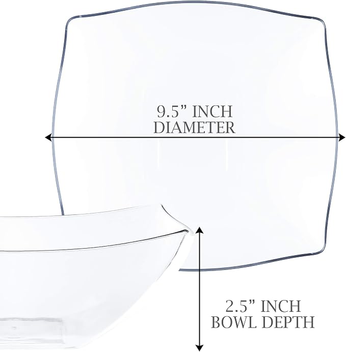 PLASTICPRO Disposable 64 ounce Square Serving Bowls, Party Snack or Salad Bowl, Large Plastic Crystal Clear Pack of 4