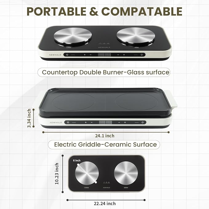 AEWHALE Countertop 2 Burners, Electric Hot Plate | Removable Griddle Pan, Ceramic Non-stick, 1200W+600W, Sensor Touch, Adjustable Temperature/Time
