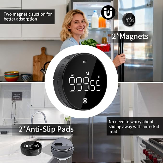 Digital Kitchen Timer, Magnetic Visual Countdown Countup Timer with Large LED Display, Adjustable Volume, Easy for Seniors and Kids, for Cooking, Classroom, Fitness, Study (2 * Black)