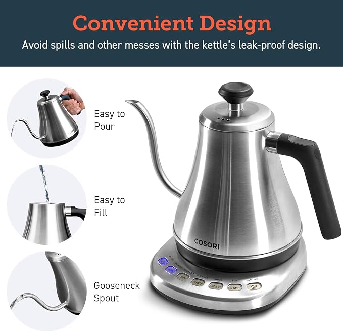Cosori Gooseneck Electric Kettle with Temperature Control, 0.8L, Silver | No Plastic Contact with Water, 5 Presets, 60-Min Keep Warm, Pour Over Coffee & Tea, Stainless Steel Interior, 1200W