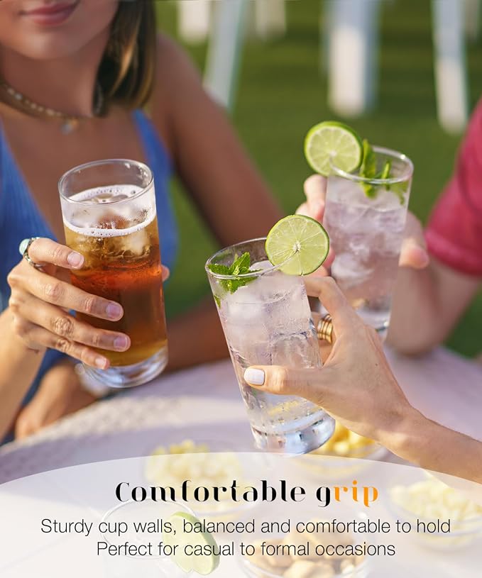 13oz Drinking Glasses Set of 6, Lead-Free Crystal Tall Highball Glassware | Clear tall water highball glasses, smooth rim and thick stable base, thoughtful holiday gift