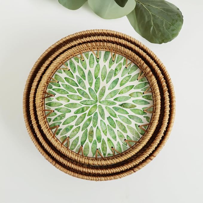 Round Rattan Serving Trays with Mother of Pearl Inlay, Set of 3, Green | Coffee Table Trays, Decorative Wicker Trays, Bread and Fruit Display, Ottoman Tray Set, Leaf Pattern