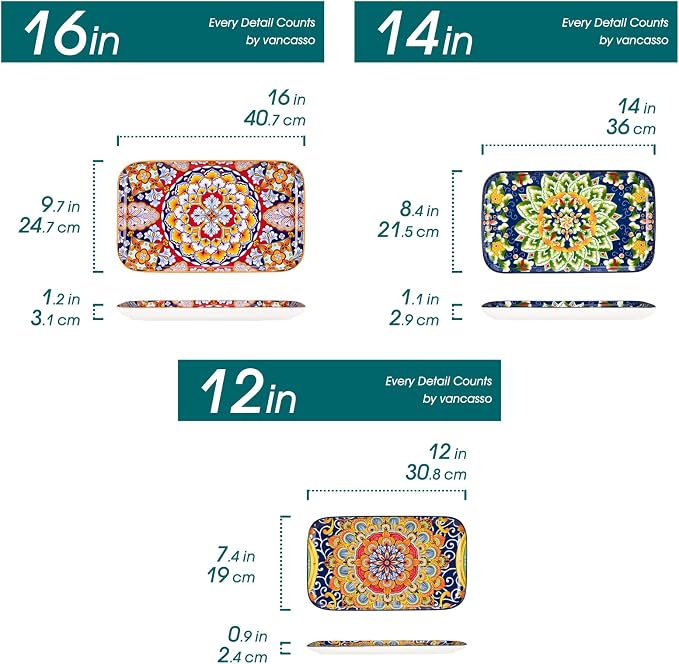 vancasso Serving Platters Set of 3, 16"/14"/12" In Rectangular Trays Boho | Ceramic Serving Dish for Entertaining Food, Microwave & Dishwasher Safe