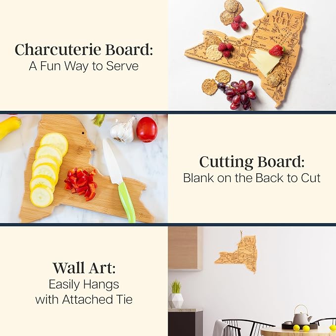 Totally Bamboo Destination New York State Shaped Cutting Board | State charcuterie serving board with engraved map artwork. Smooth reverse side for food prep. Hang tie for wall display.