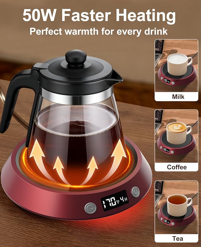 Kepwam Mug Warmer for Desk, Coffee Warmer with 3 Temp Settings & 2-9H Timer | 50W Fast Heating Beverage, LED Digital Display, Works for Coffee Mugs & Candle Jars, Multifunctional Gift fo Home & Office