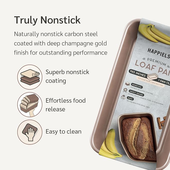 5 x 9 inch Nonstick Loaf Pan 1lb for Oven Baking, PFOA & BPA Free | | Non-Toxic - High Carbon Steel - Gold - Banana Bread Mold