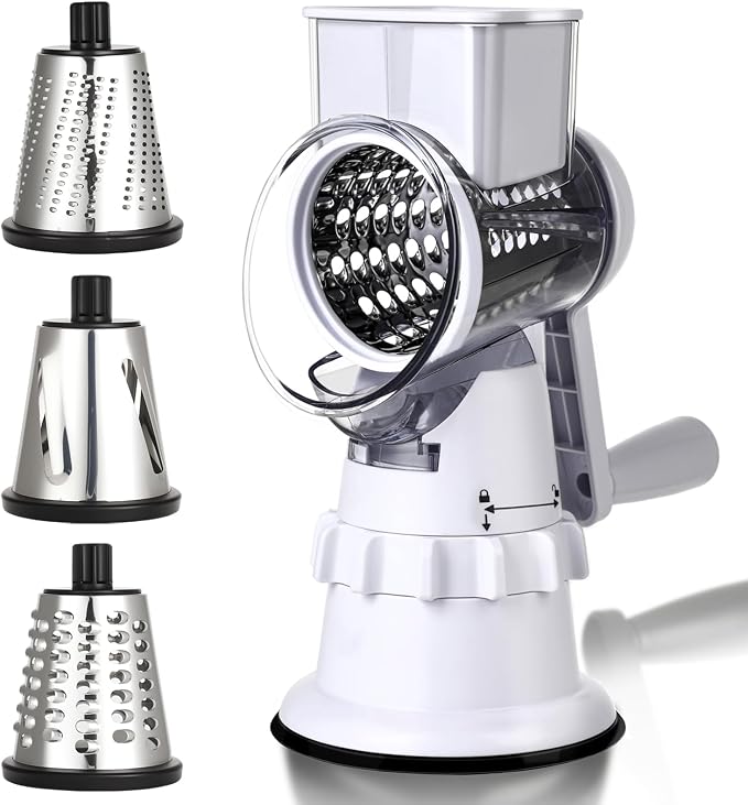 Rotary Cheese Grater Hand Crank, Vegetable Slicer with 3 Blades, Stable Suction, Labor-Saving Handle, Cheese Shredder for Potato Vegetables Nuts Chocolate, White