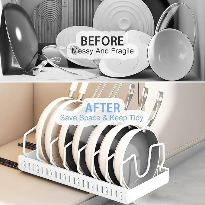 2 Pack Pull Out Pots and Pans Organizer for Cabinet & Countertop, Kitchen Cabinet Organizer with 8 Adjustable Dividers, Storage for Pot Lid, Dishes, Bakeware, White