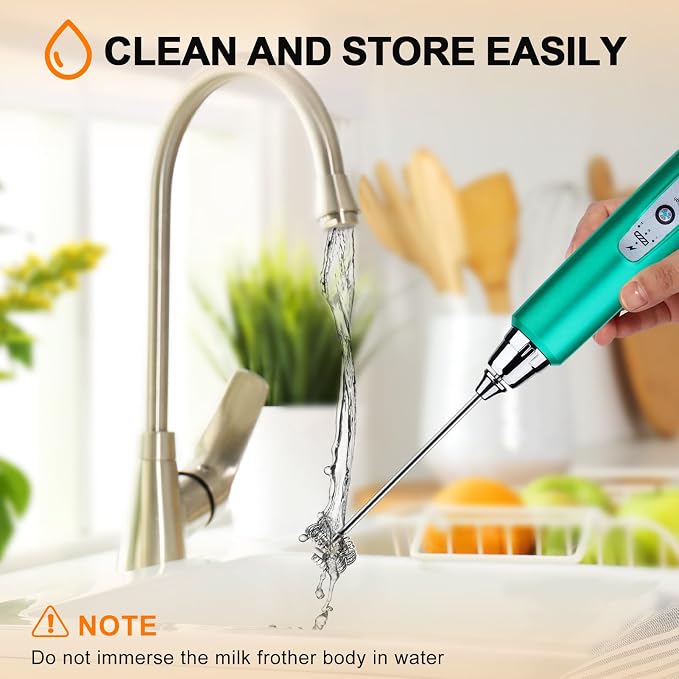YUSWKO Handheld Milk Frother Wand for Coffee, Rechargeable Electric Whisk with 3 Heads 3 Speeds Drink Mixer Coffee Frother For Latte, Cappuccino, Hot Chocolate, Egg, Turquoise
