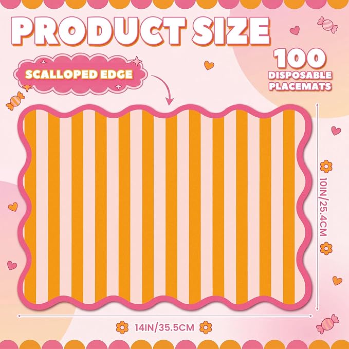 100 Pcs Italian Summer Party Decorations Orange Pink Stripe Scalloped Paper Placemats Disposable Place Mats for Summer Sunset Soiree Wedding Bridal Shower Party Home Table Kitchen Decor