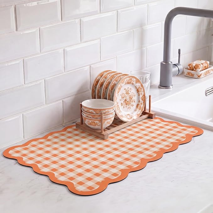 Orange Scalloped Gingham Coffee Mat 12" x 20" Absorbent Bar Mat | Gingham Espresso Matt with Non Slip Rubber Backing for Coffee Countertops